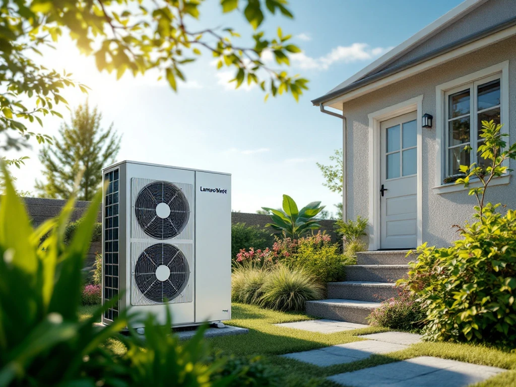 Valokuvamainen kuva: moderni ilmavesilämpöpumppu ja vehreää luontoa kodikkaassa ja energiatehokkaassa pihapiirissä.